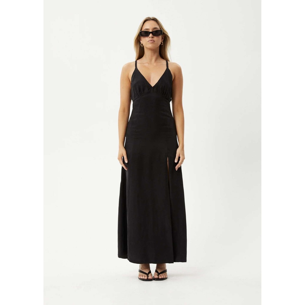 Afends Grace Cupro Recycled Maxi Dress Size S Black Slit Open Back Nwt
